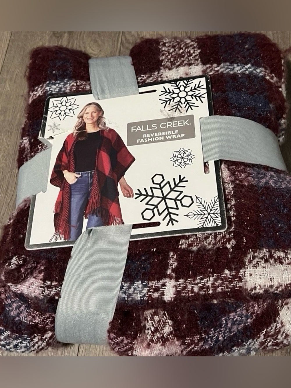 Women’s Falls Creek reversible shawl cape wrap red plaid houndstooth OSFM New